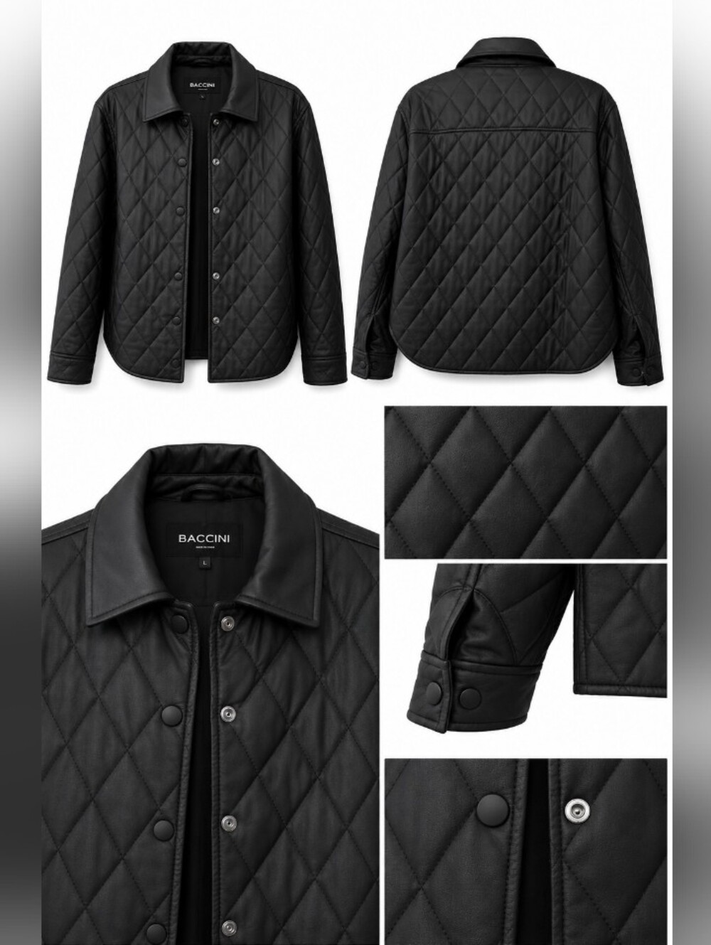 Baccini Quilted Faux Leather Moto Jacket Size L | Snap Front Black EUC - Picture 5 of 10